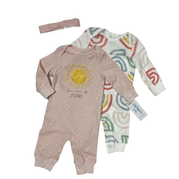 Carters Baby Girls 3pc Outfit Set Bodysuits Size 12 Months Jumpsuits Headwrap - Picture 1 of 13